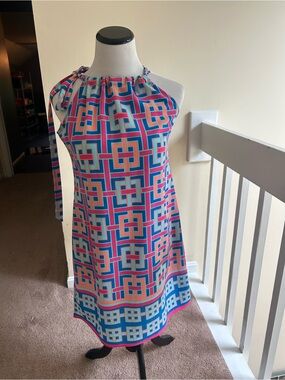 crown & ivy Pink and Blue Geometric Halter Dress